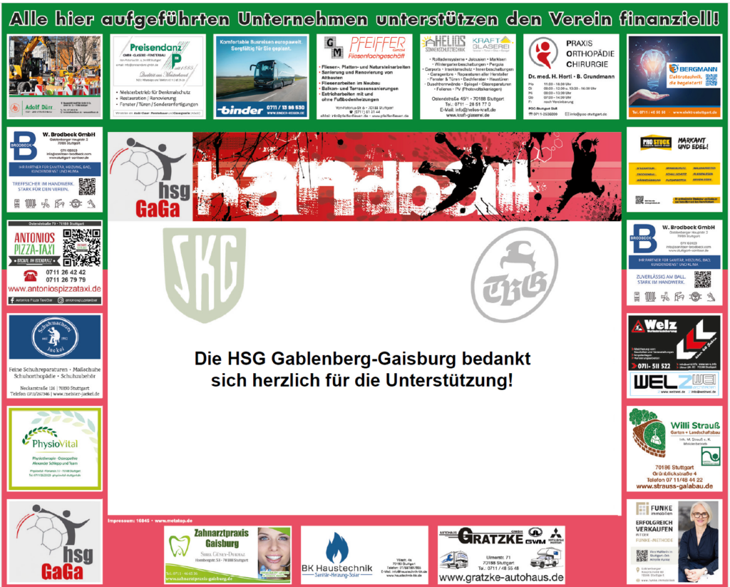 Auflistung der Sponsoren. Die HSG Gablenberg-Gaisburg bedankt sich für die Unterstützung. 